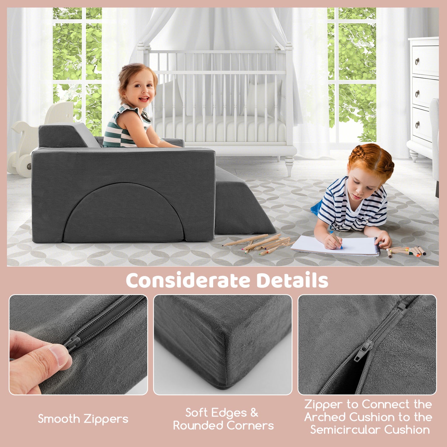 8 Pieces Kids Modular Play Sofa with Detachable Cover for Playroom and Bedroom-Gray
