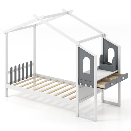 Twin/Full Bed Frame with House Roof Canopy and Fence for Kids-Full Size Kids Crystal