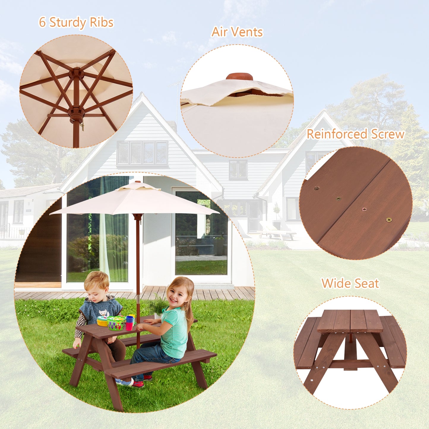 Outdoor 4-Seat Kid's Picnic Table Bench with Umbrella Kids Crystal