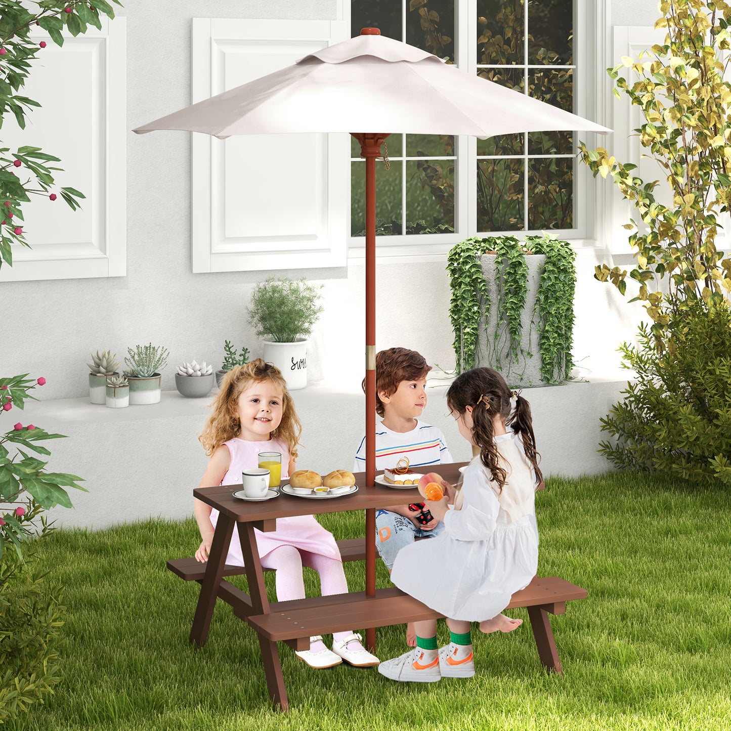 Outdoor 4-Seat Kid's Picnic Table Bench with Umbrella Kids Crystal