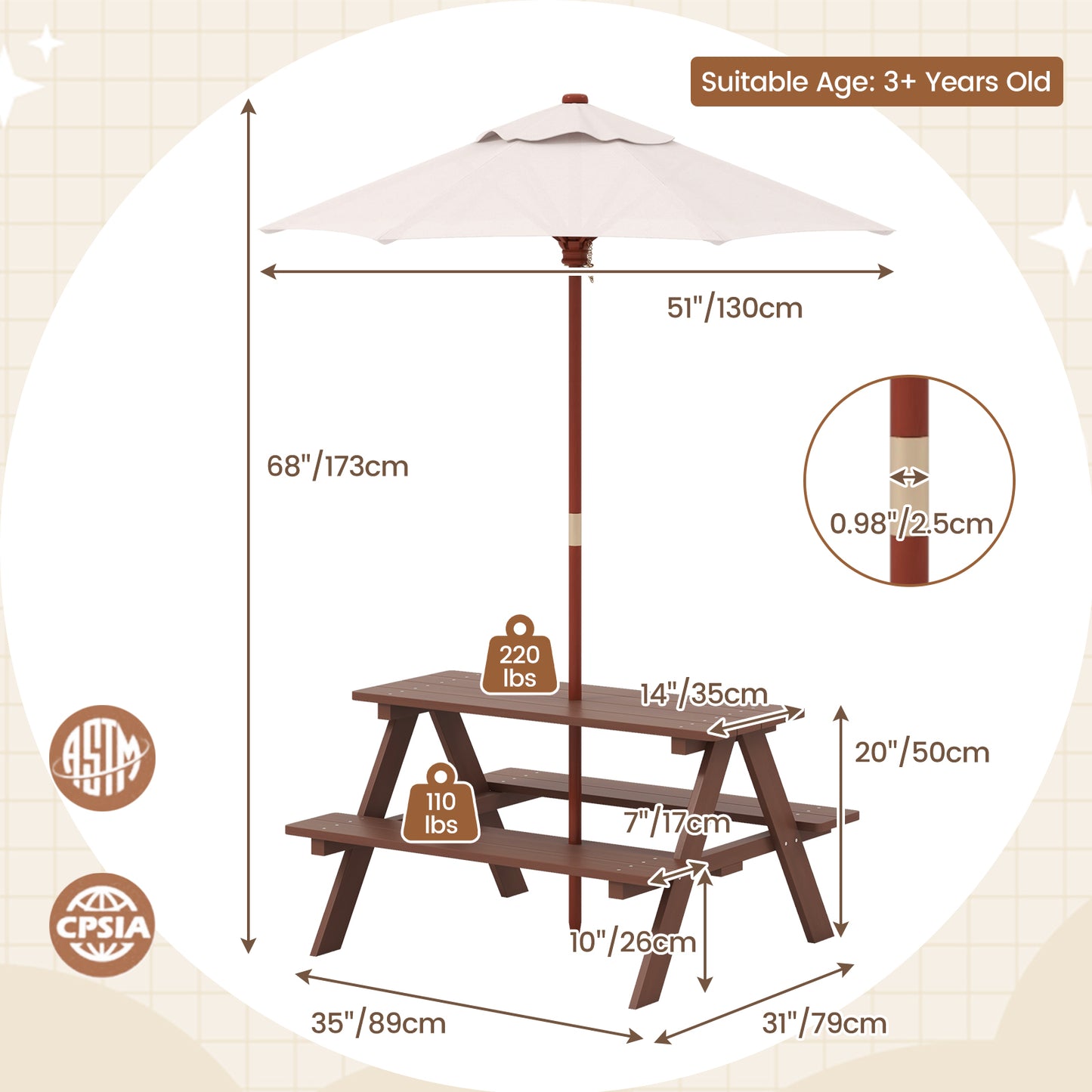 Outdoor 4-Seat Kid's Picnic Table Bench with Umbrella Kids Crystal