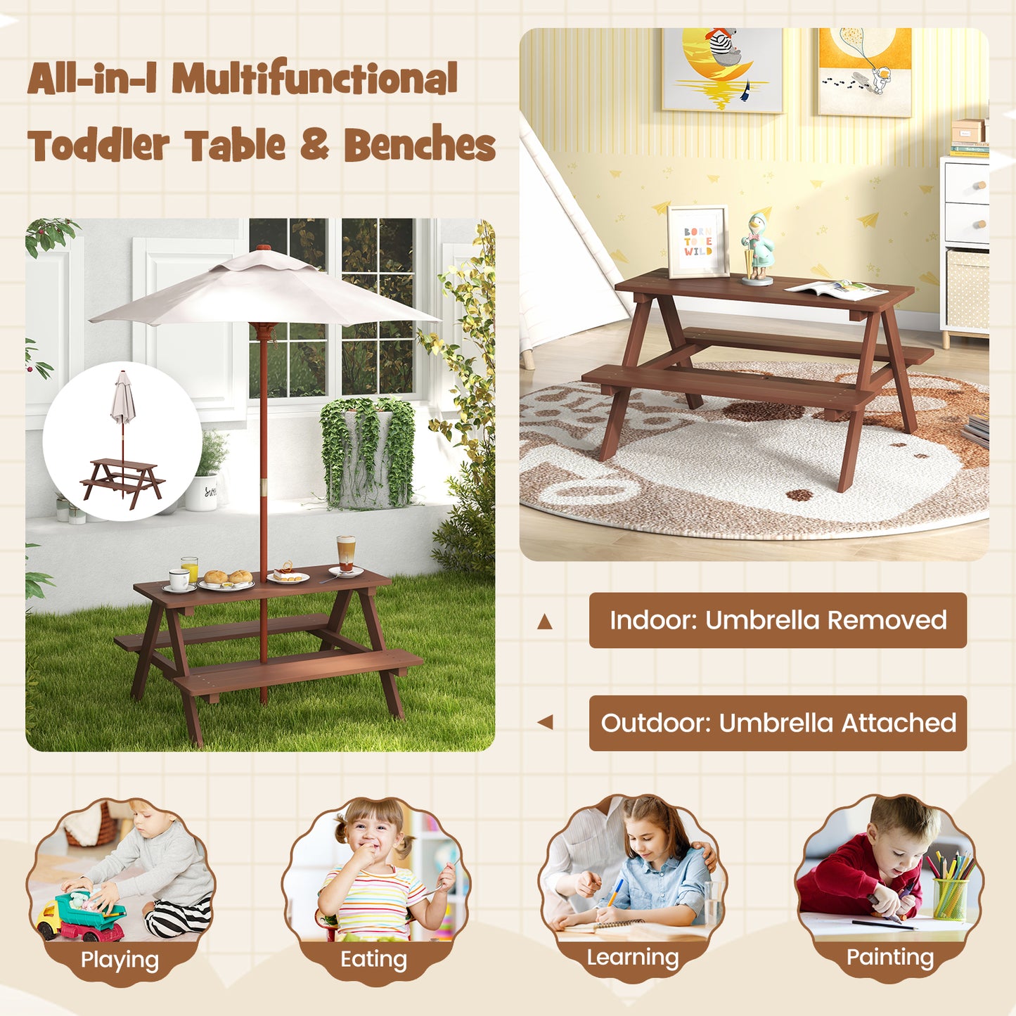 Outdoor 4-Seat Kid's Picnic Table Bench with Umbrella Kids Crystal