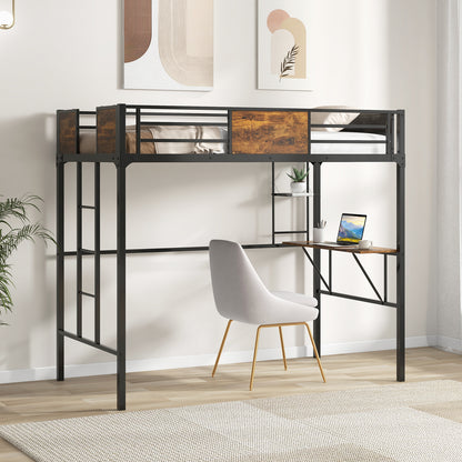 Twin Size Metal Loft Bed with Desk Storage Shelf and Build-in Ladder-Twin Size