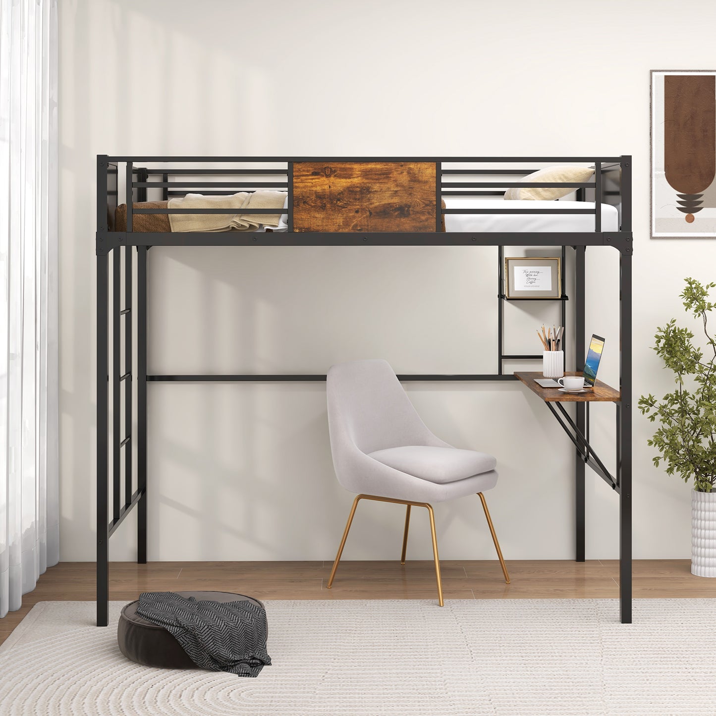 Twin Size Metal Loft Bed with Desk Storage Shelf and Build-in Ladder-Twin Size Kids Crystal