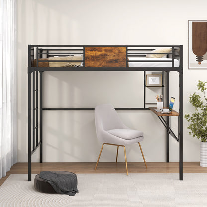 Twin Size Metal Loft Bed with Desk Storage Shelf and Build-in Ladder-Twin Size