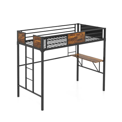 Twin Size Metal Loft Bed with Desk Storage Shelf and Build-in Ladder-Twin Size