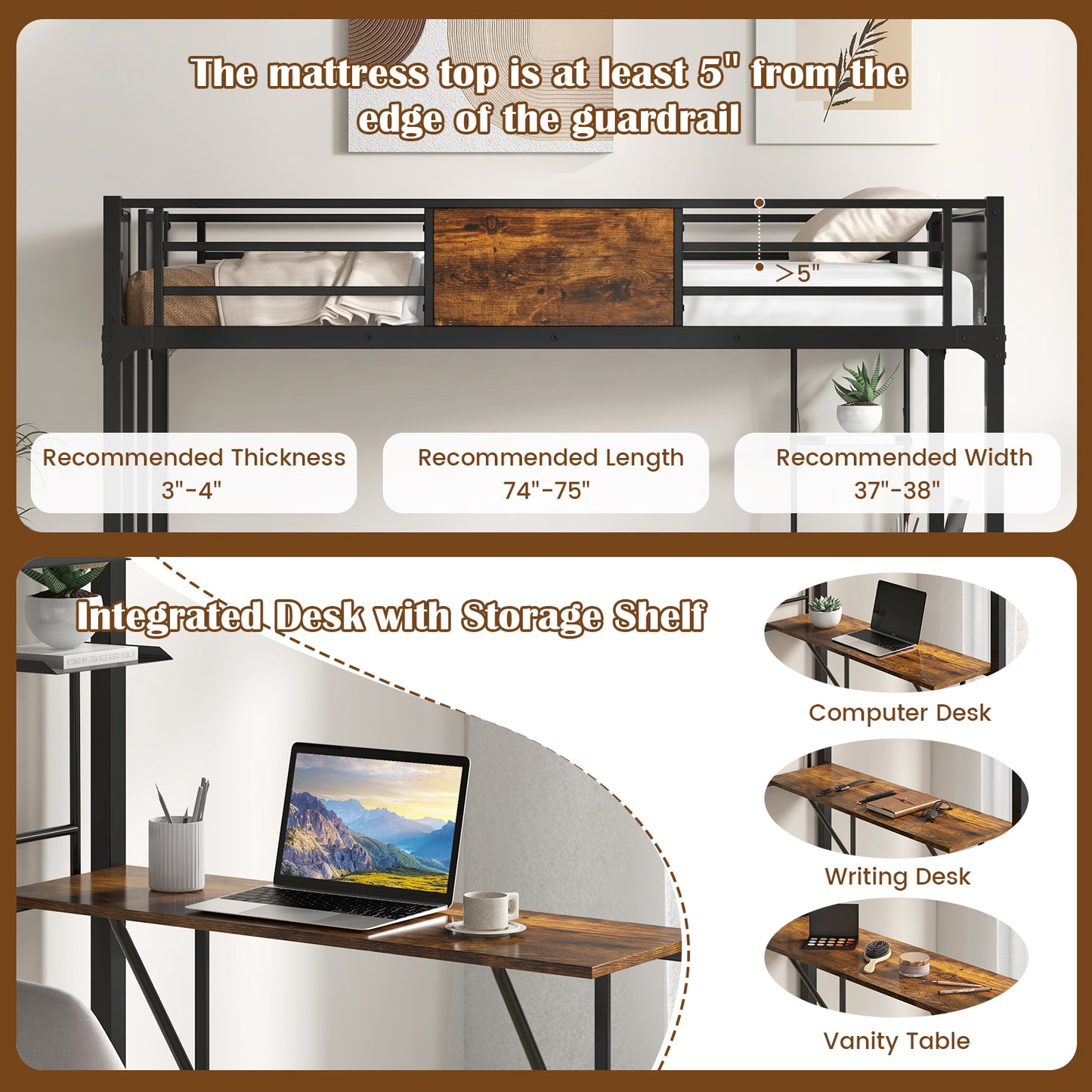 Twin Size Metal Loft Bed with Desk Storage Shelf and Build-in Ladder-Twin Size Kids Crystal