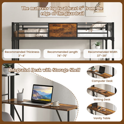 Twin Size Metal Loft Bed with Desk Storage Shelf and Build-in Ladder-Twin Size
