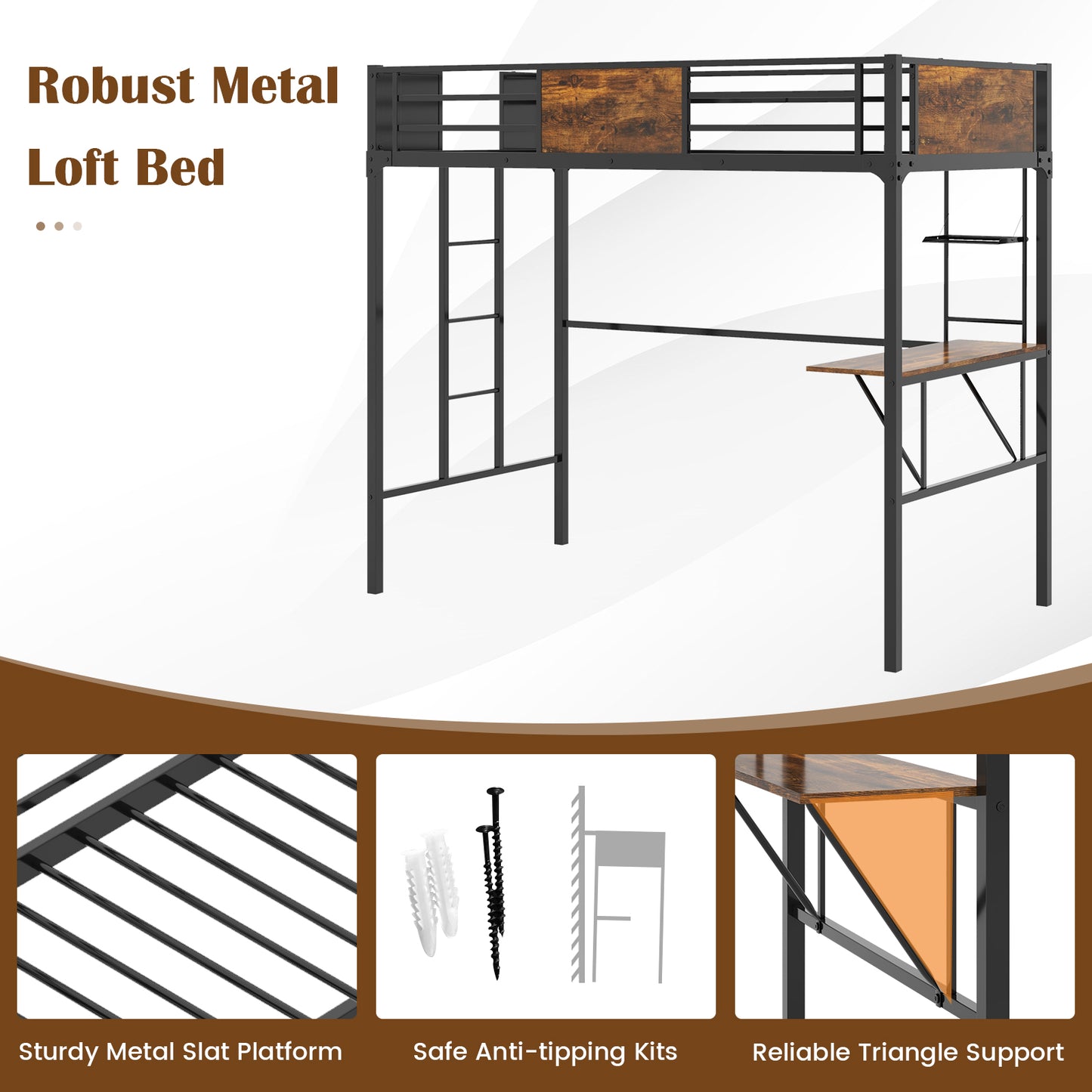 Twin Size Metal Loft Bed with Desk Storage Shelf and Build-in Ladder-Twin Size Kids Crystal