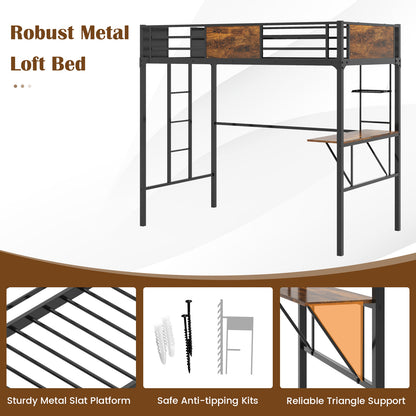 Twin Size Metal Loft Bed with Desk Storage Shelf and Build-in Ladder-Twin Size