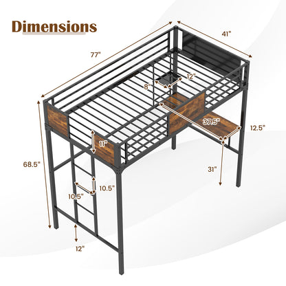 Twin Size Metal Loft Bed with Desk Storage Shelf and Build-in Ladder-Twin Size