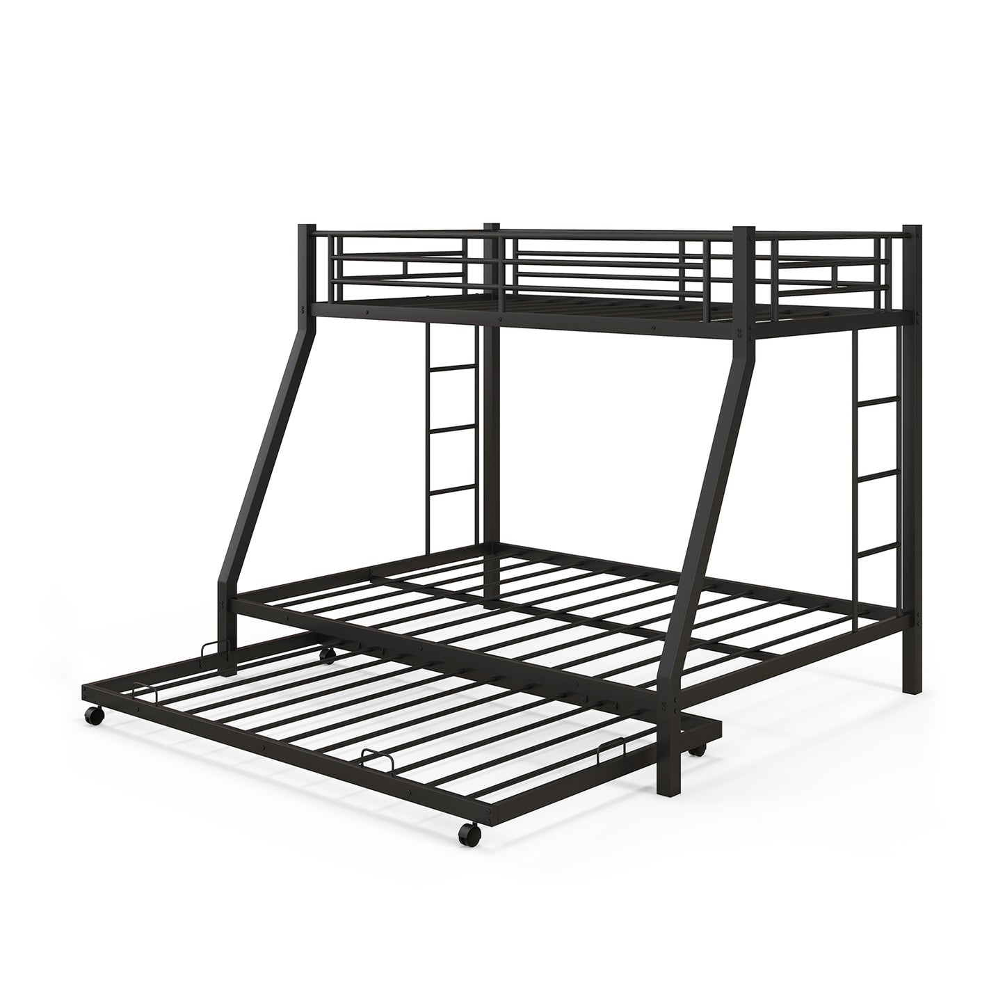 Twin Over Full Bunk Bed Frame with Trundle for Guest Room-Black Kids Crystal