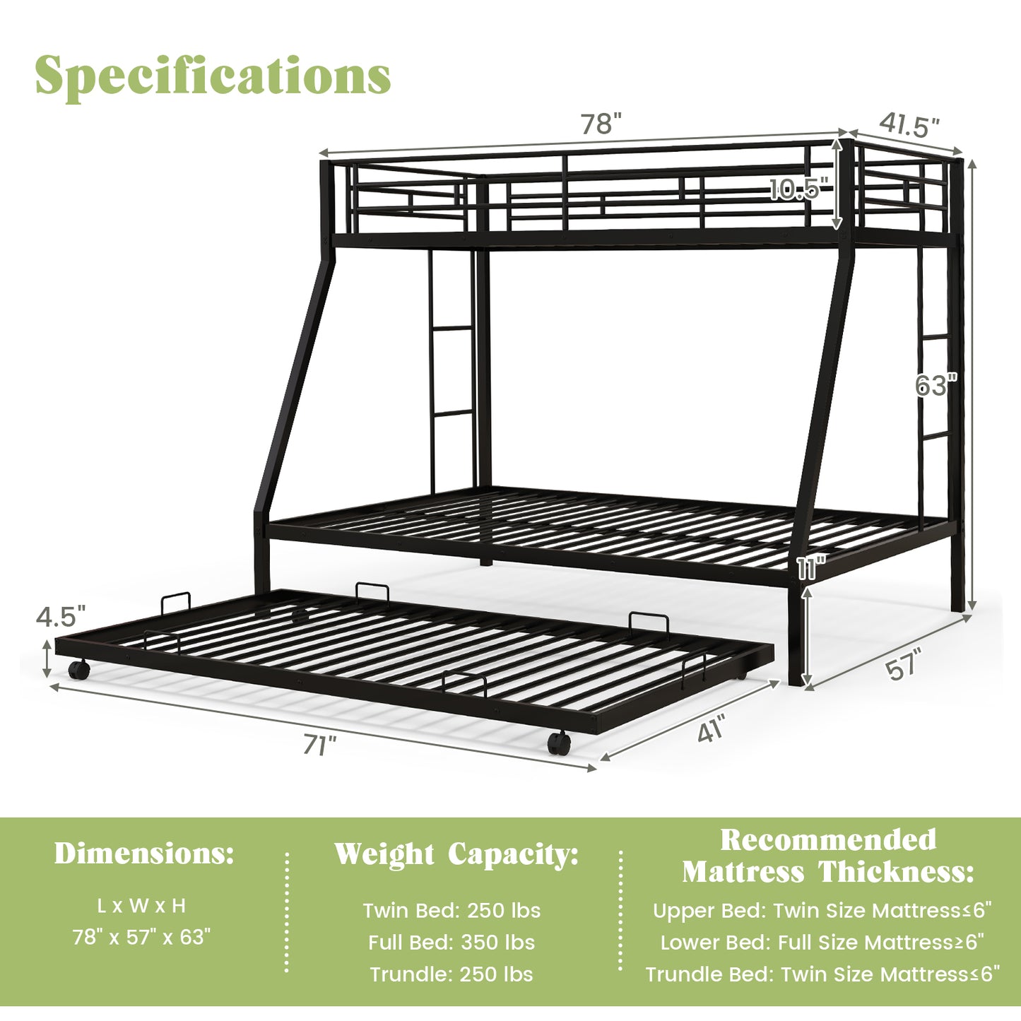 Twin Over Full Bunk Bed Frame with Trundle for Guest Room-Black Kids Crystal