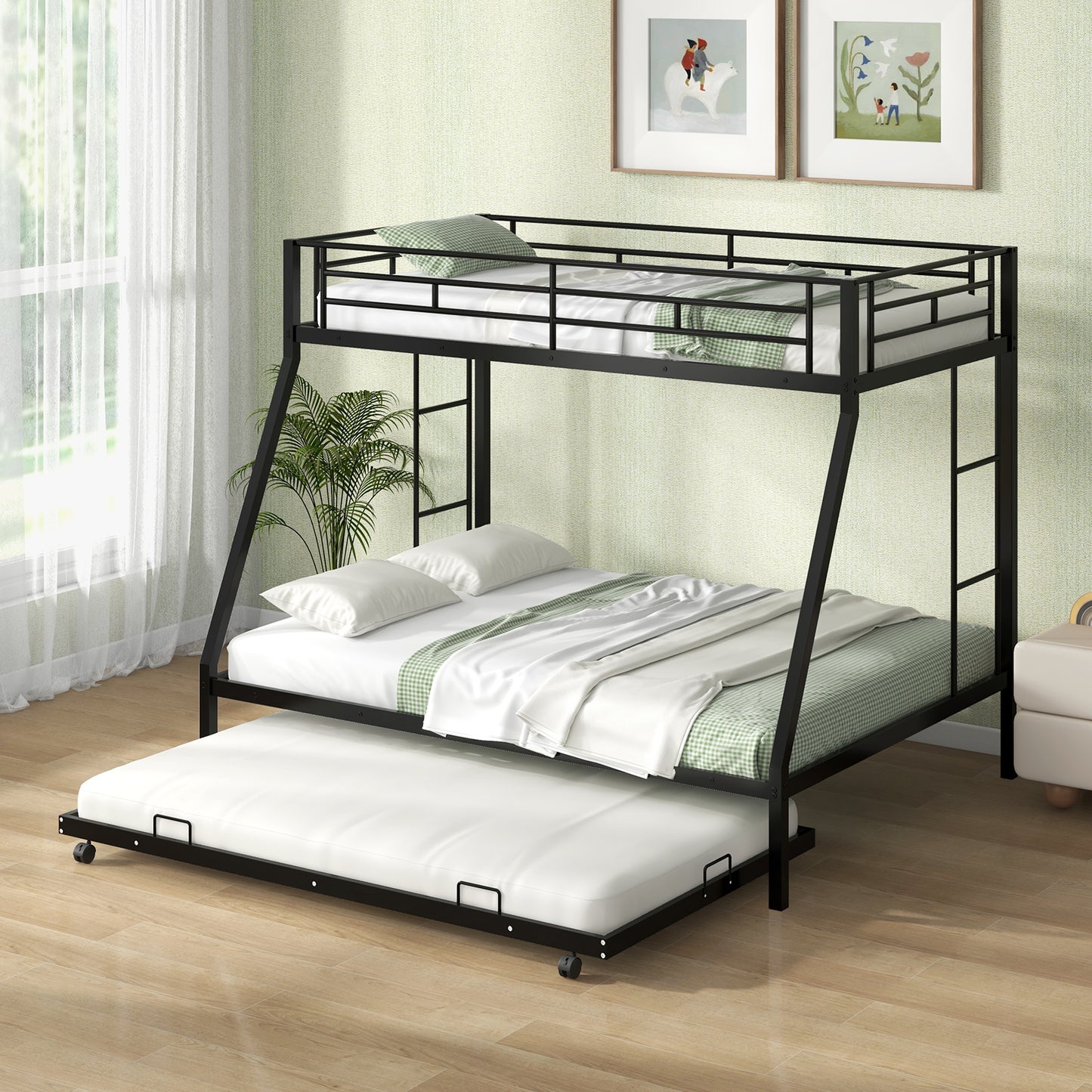 Twin Over Full Bunk Bed Frame with Trundle for Guest Room-Black Kids Crystal