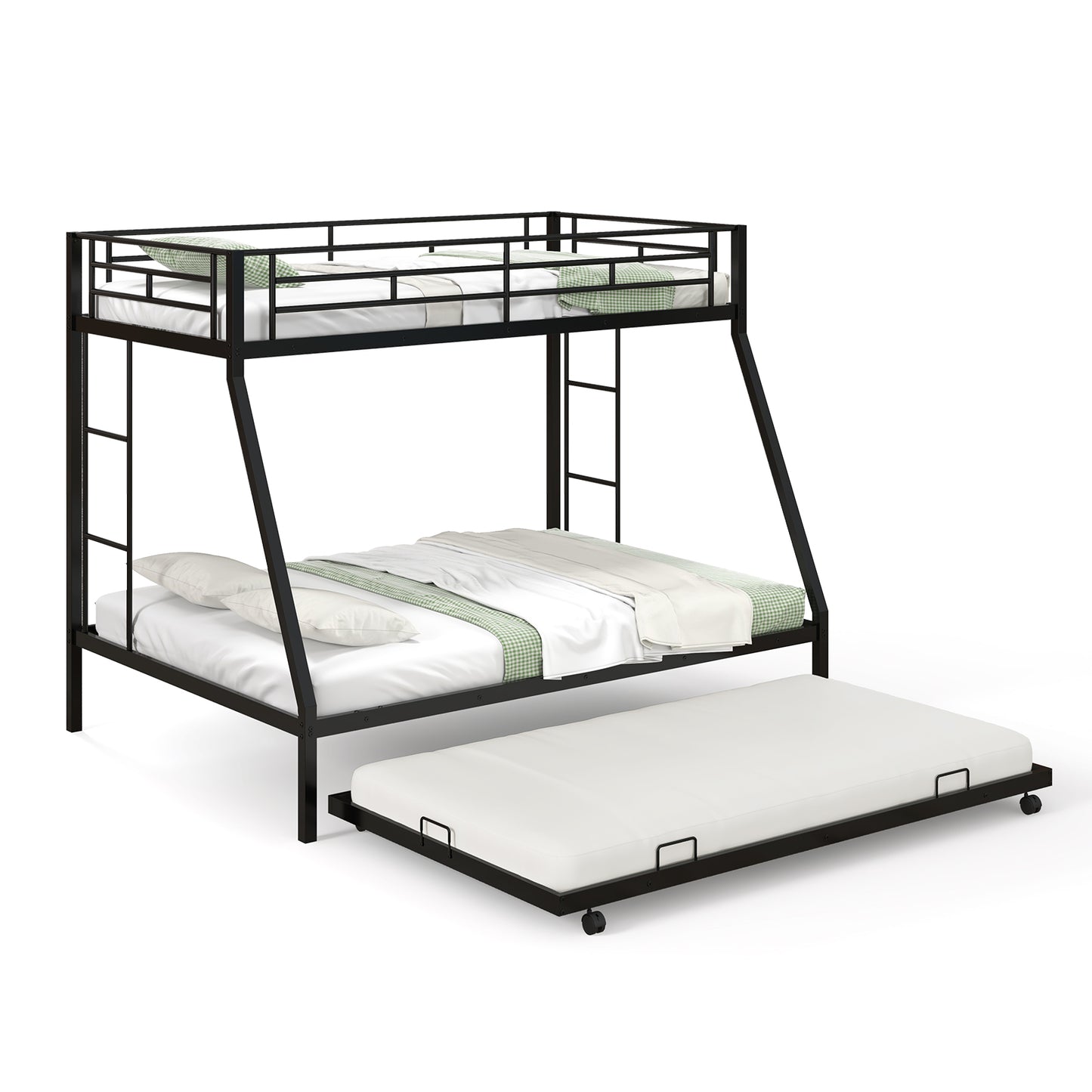 Twin Over Full Bunk Bed Frame with Trundle for Guest Room-Black Kids Crystal