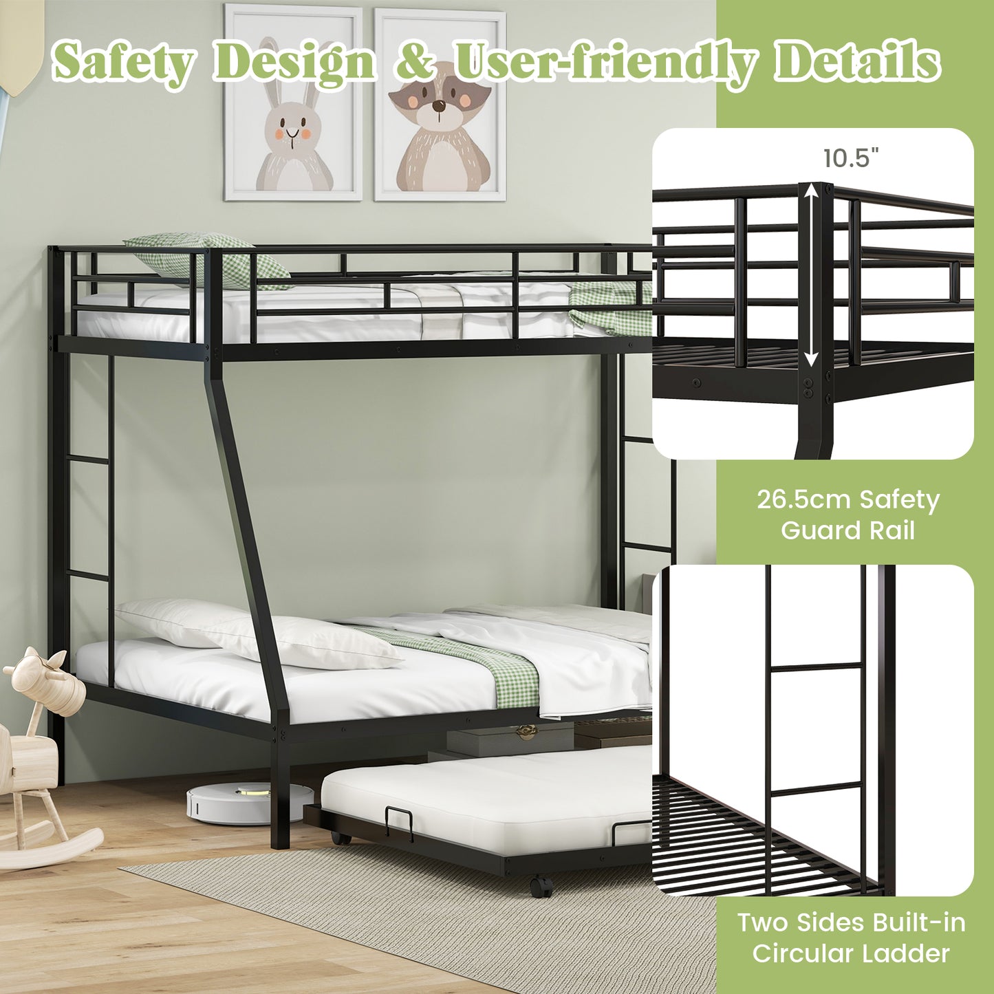 Twin Over Full Bunk Bed Frame with Trundle for Guest Room-Black Kids Crystal