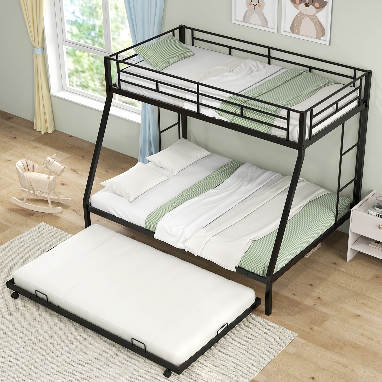 Twin Over Full Bunk Bed Frame with Trundle for Guest Room-Black Kids Crystal