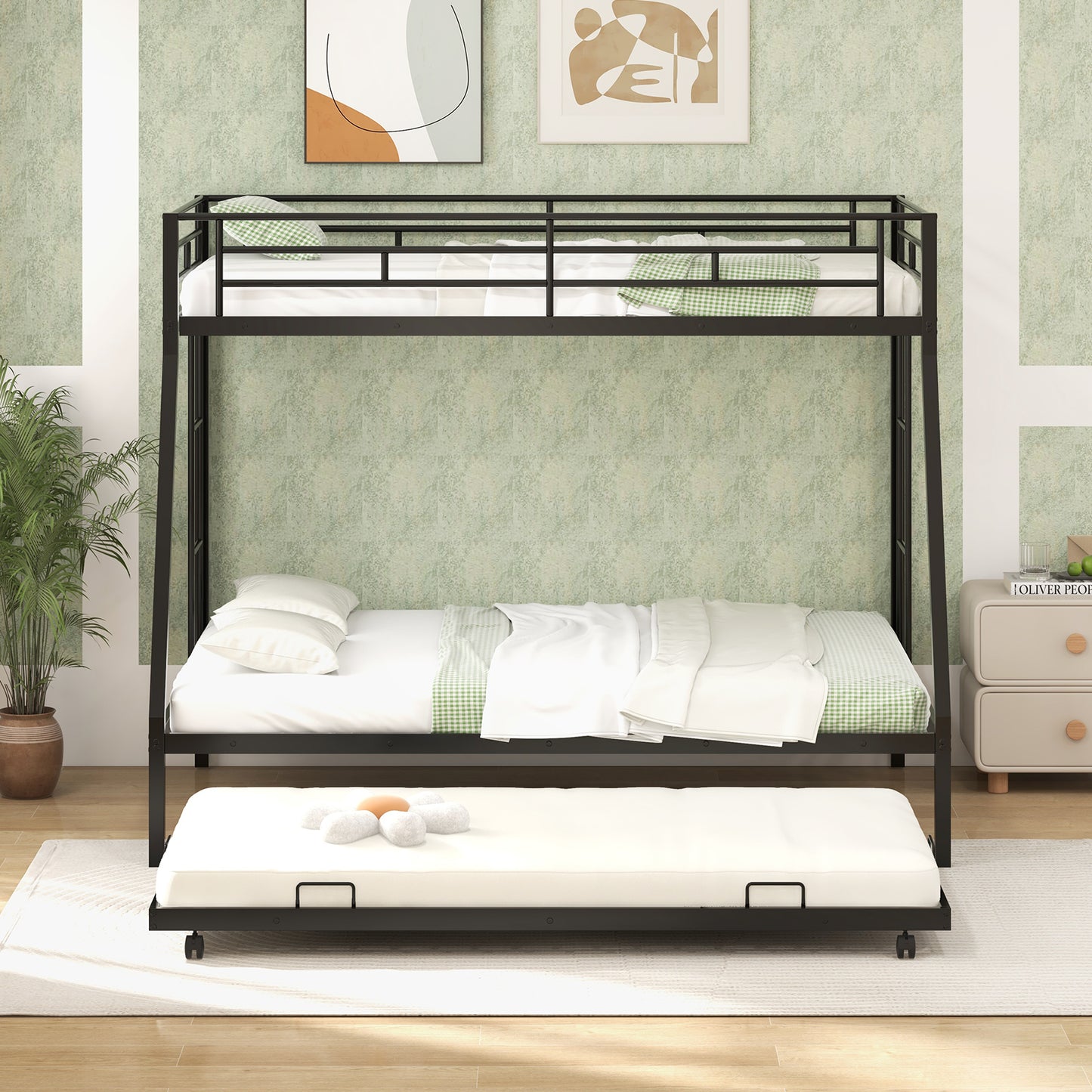 Twin Over Full Bunk Bed Frame with Trundle for Guest Room-Black Kids Crystal
