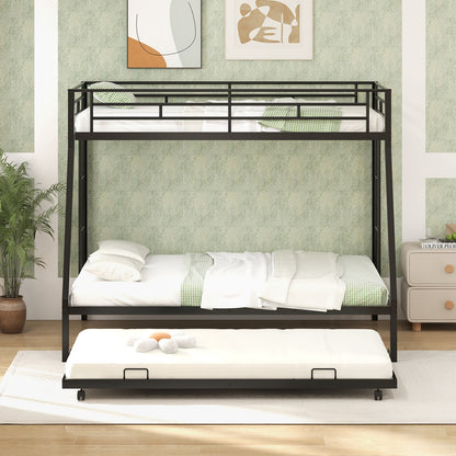 Twin Over Full Bunk Bed Frame with Trundle for Guest Room-Black