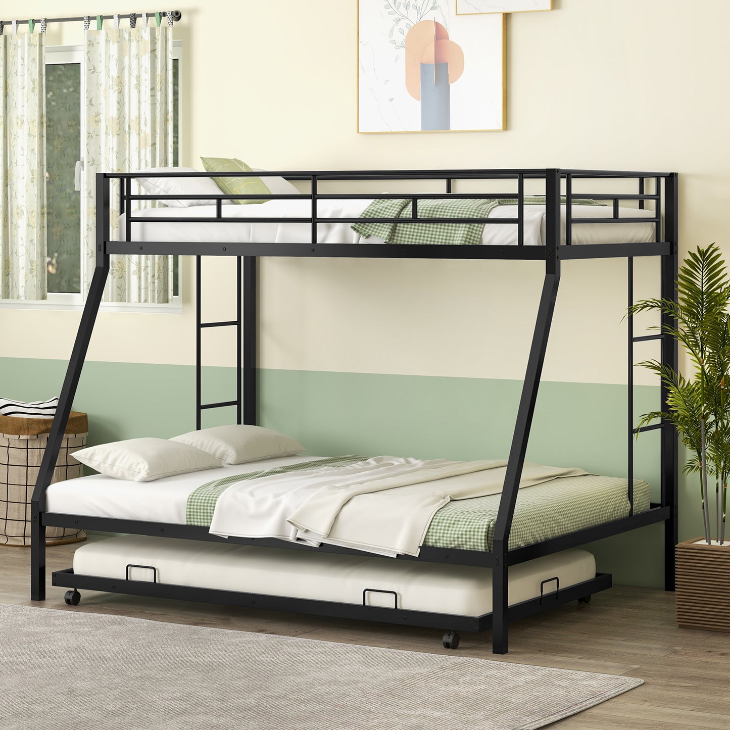 Twin Over Full Bunk Bed Frame with Trundle for Guest Room-Black Kids Crystal