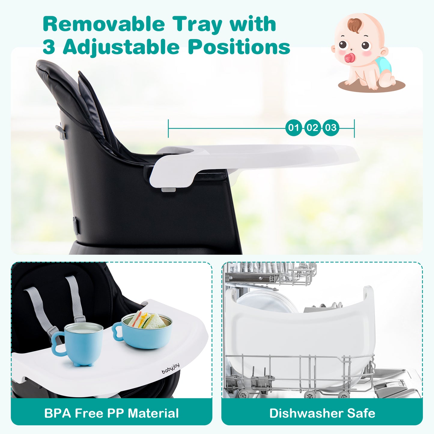 6-in-1 Convertible Baby High Chair with Adjustable Removable Tray-Black Kids Crystal