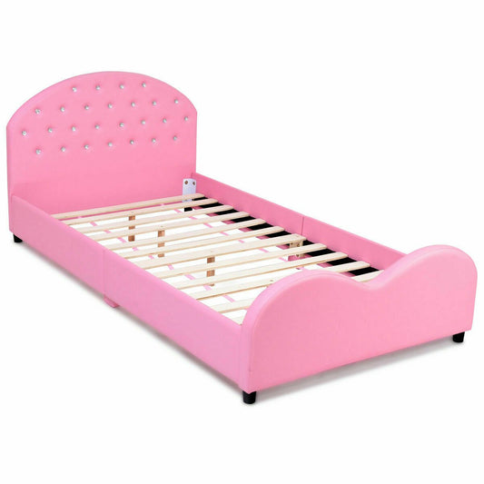 Twin Size Upholstered Platform Toddler Bed with Wood Support Kids Crystal