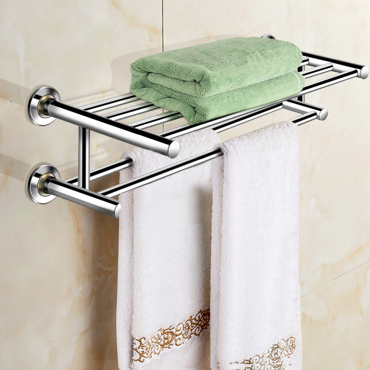 24 Inch Wall Mounted Stainless Steel Towel Storage Rack with 2 Storage Tier Kids Crystal