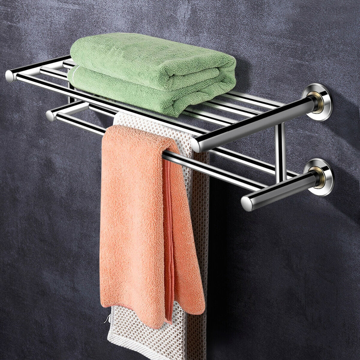 24 Inch Wall Mounted Stainless Steel Towel Storage Rack with 2 Storage Tier Kids Crystal