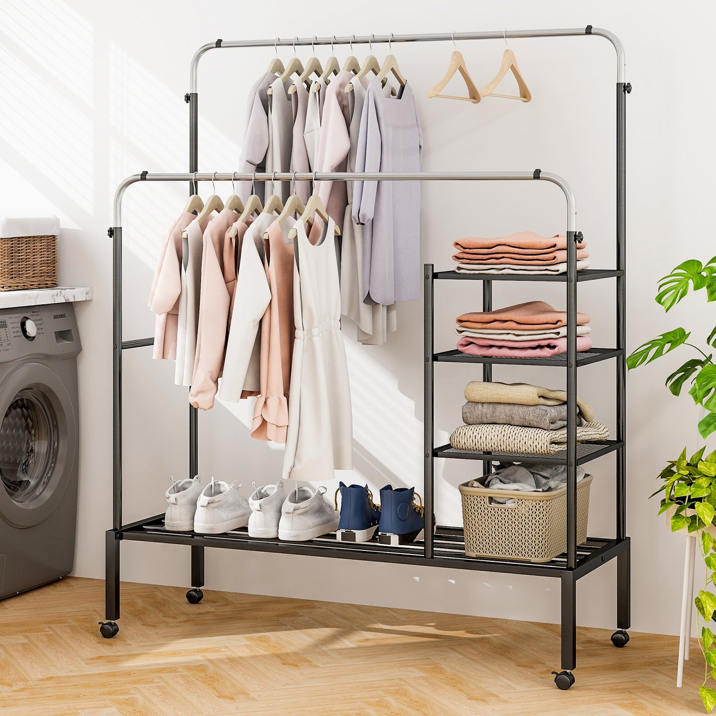 Rolling Double Rods Garment Rack with Height Adjustable Hanging Bars-Silver Kids Crystal