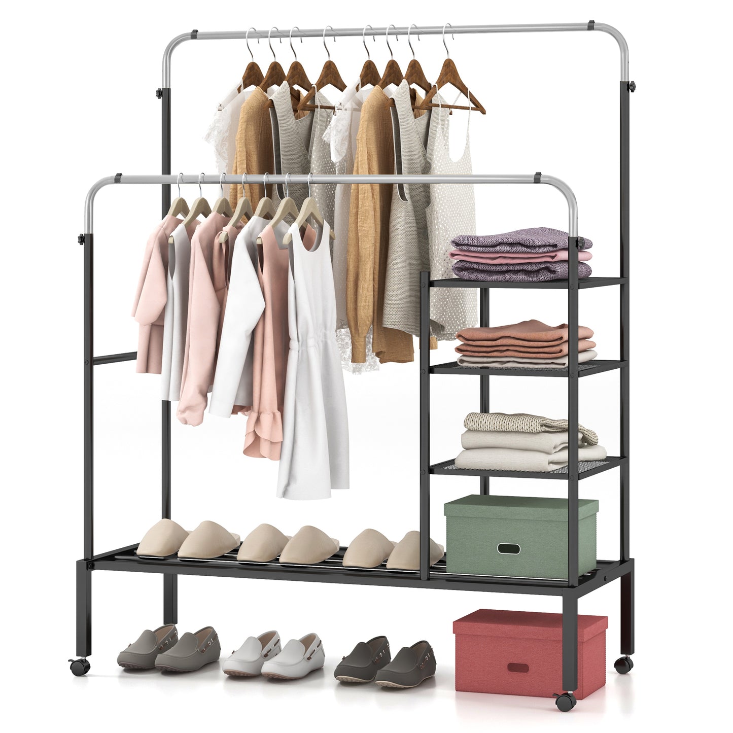 Rolling Double Rods Garment Rack with Height Adjustable Hanging Bars-Silver Kids Crystal