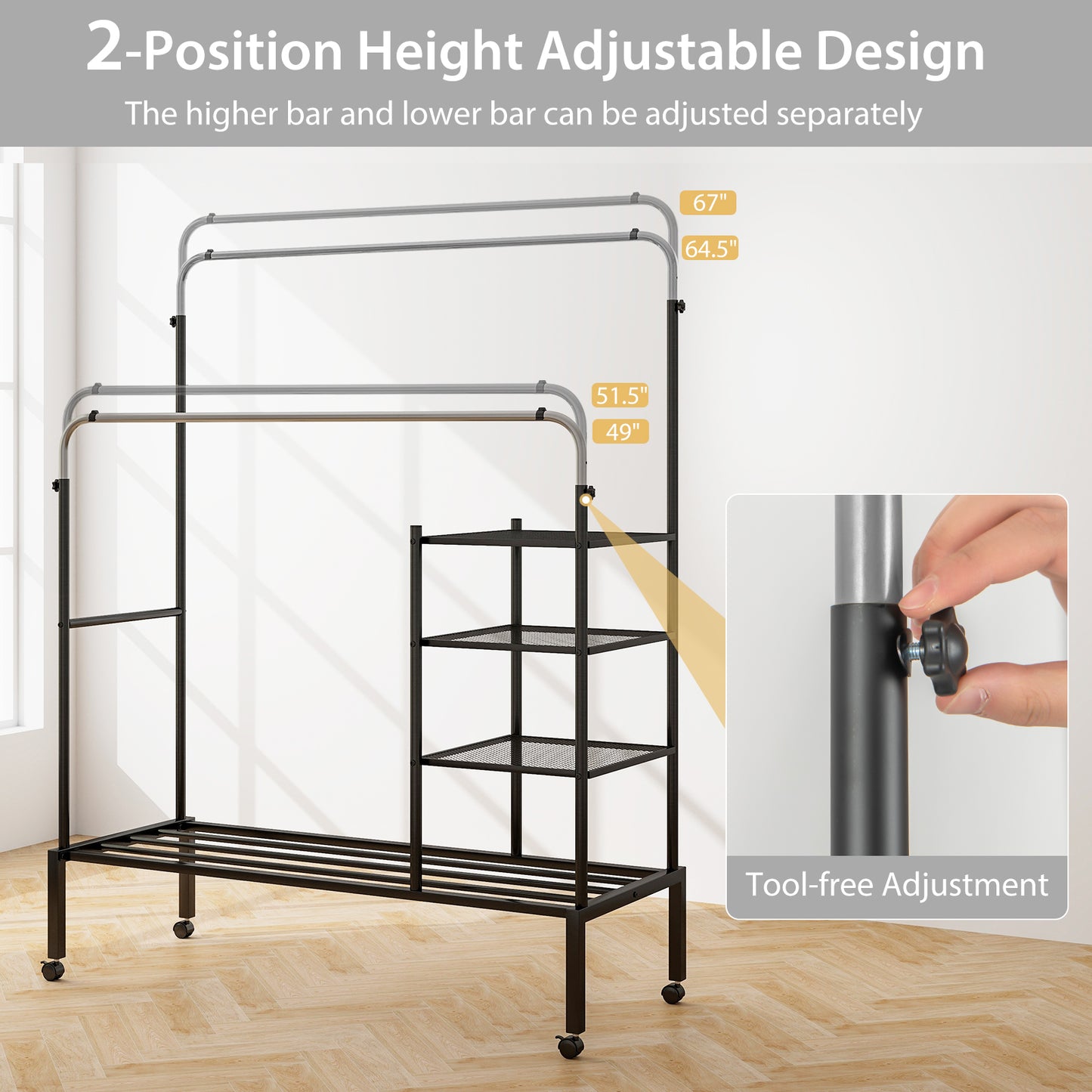 Rolling Double Rods Garment Rack with Height Adjustable Hanging Bars-Silver Kids Crystal