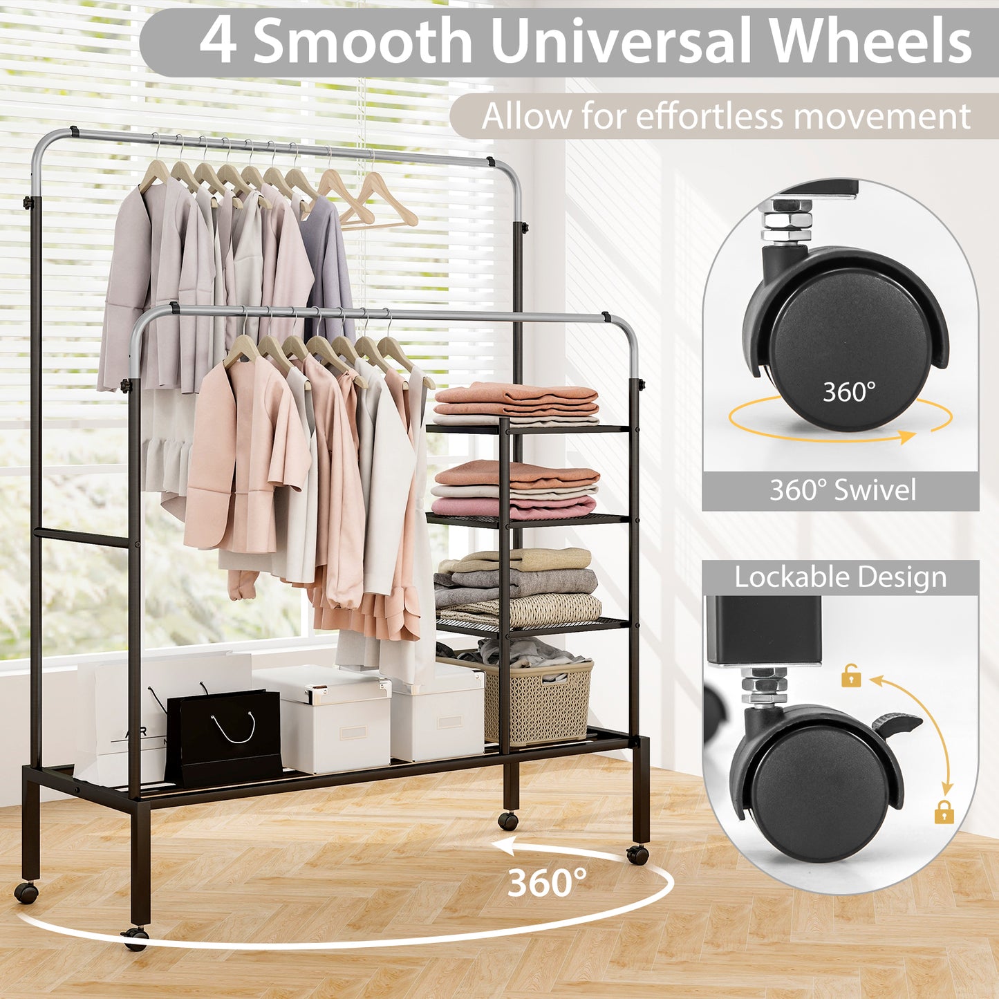 Rolling Double Rods Garment Rack with Height Adjustable Hanging Bars-Silver Kids Crystal