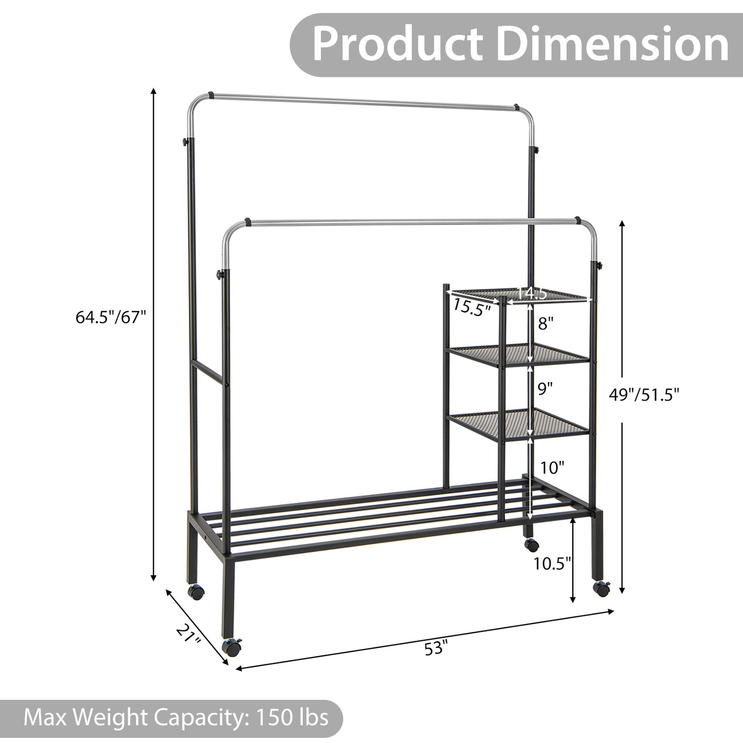 Rolling Double Rods Garment Rack with Height Adjustable Hanging Bars-Silver Kids Crystal