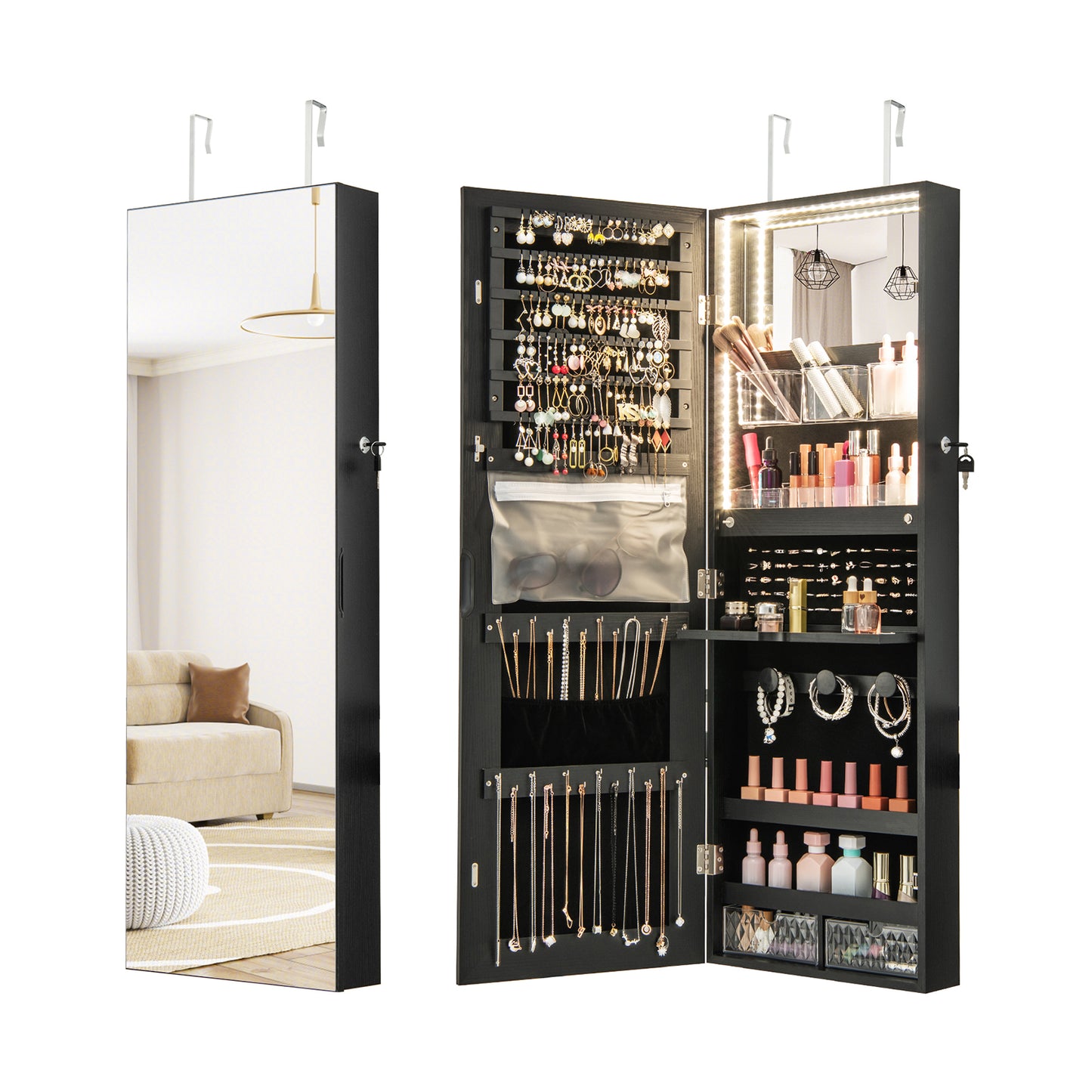 Wall Mounted Jewelry Cabinet with Full-Length Mirror-Black Kids Crystal
