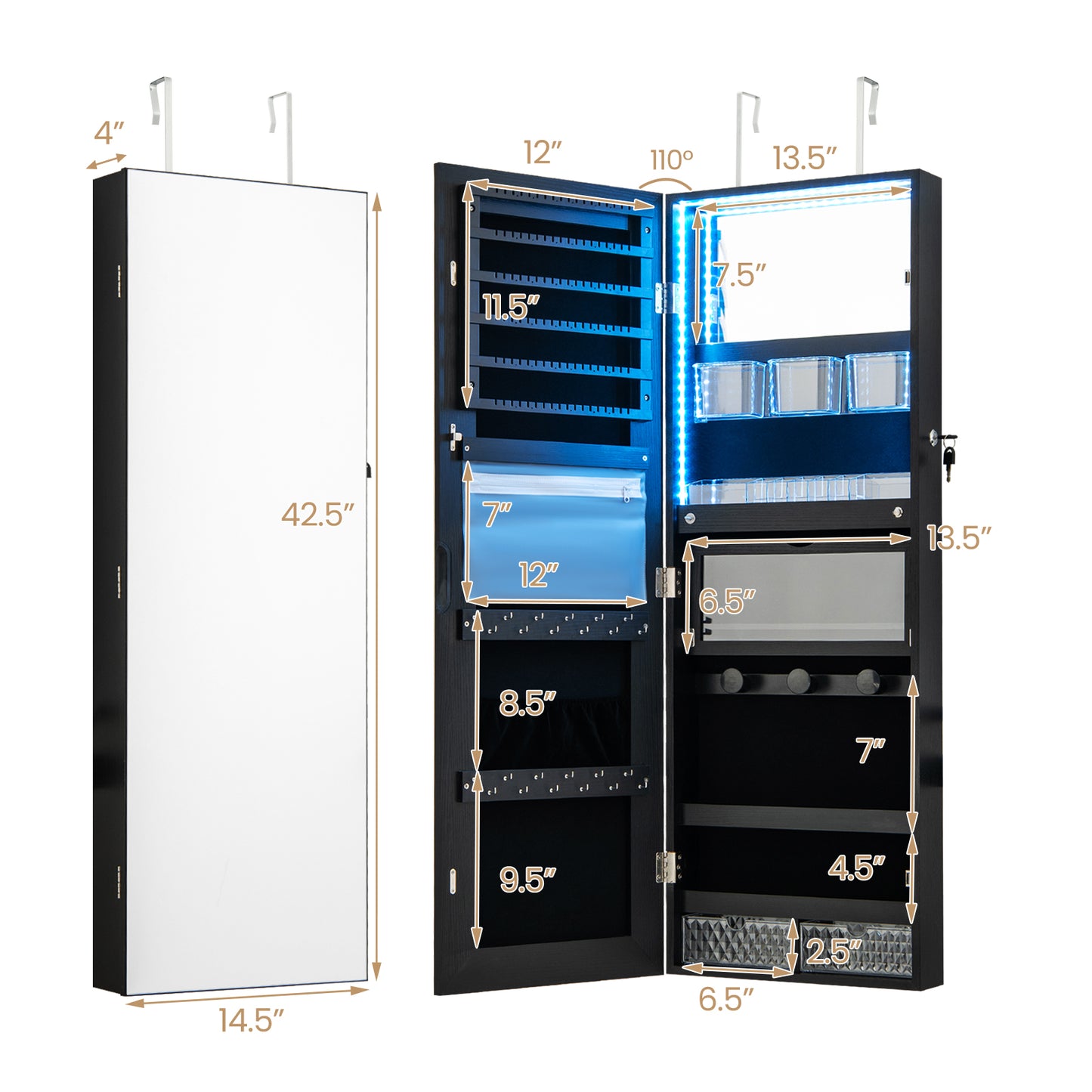 Wall Mounted Jewelry Cabinet with Full-Length Mirror-Black Kids Crystal