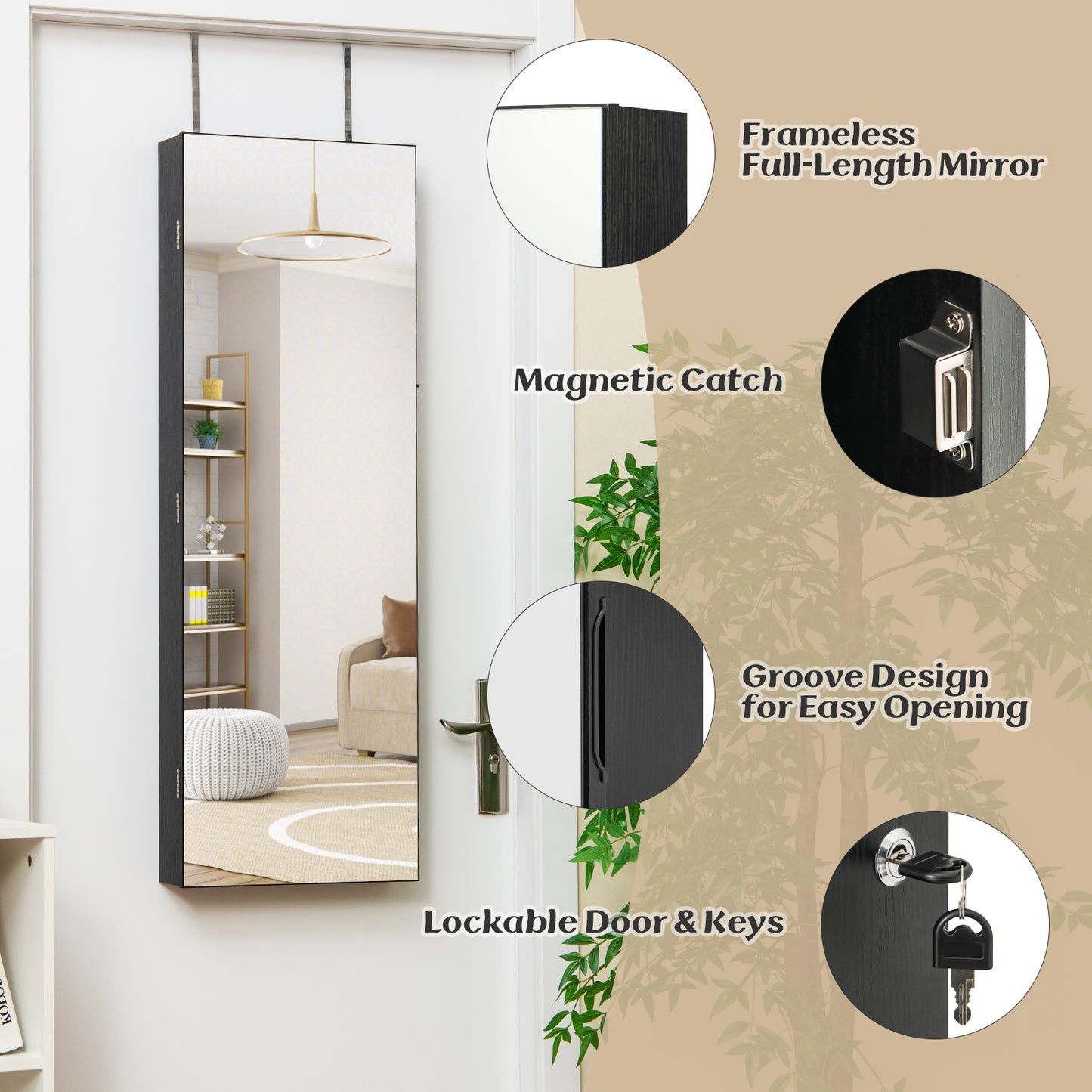 Wall Mounted Jewelry Cabinet with Full-Length Mirror-Black Kids Crystal