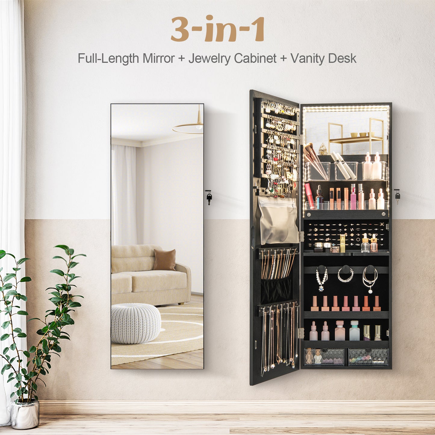 Wall Mounted Jewelry Cabinet with Full-Length Mirror-Black Kids Crystal