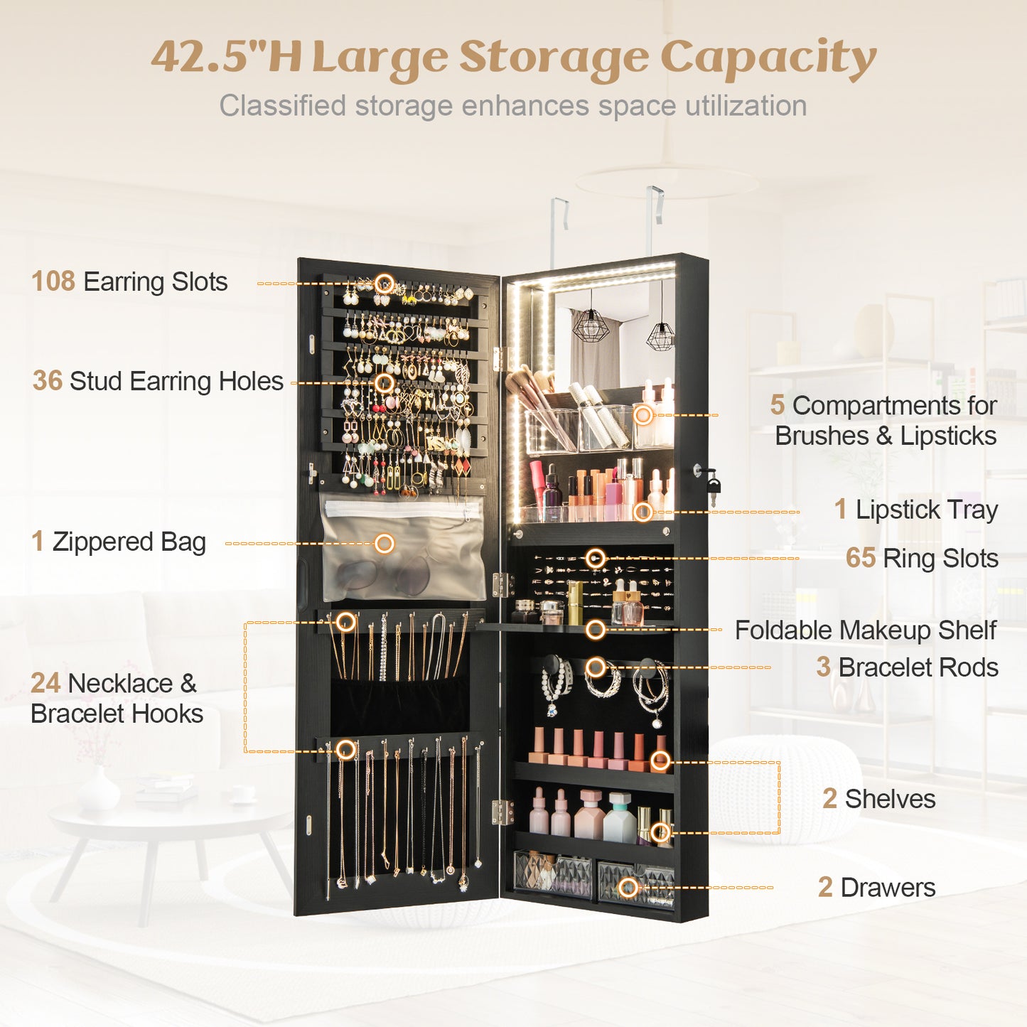 Wall Mounted Jewelry Cabinet with Full-Length Mirror-Black Kids Crystal