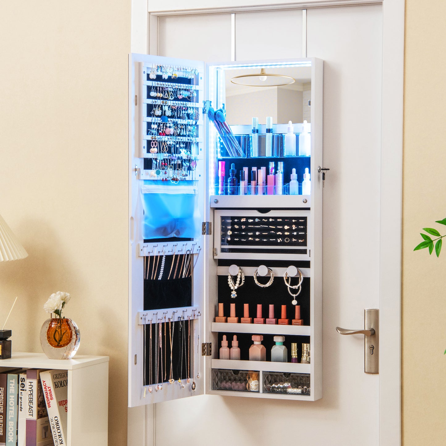 Wall Mounted Jewelry Cabinet with Full-Length Mirror-White Kids Crystal