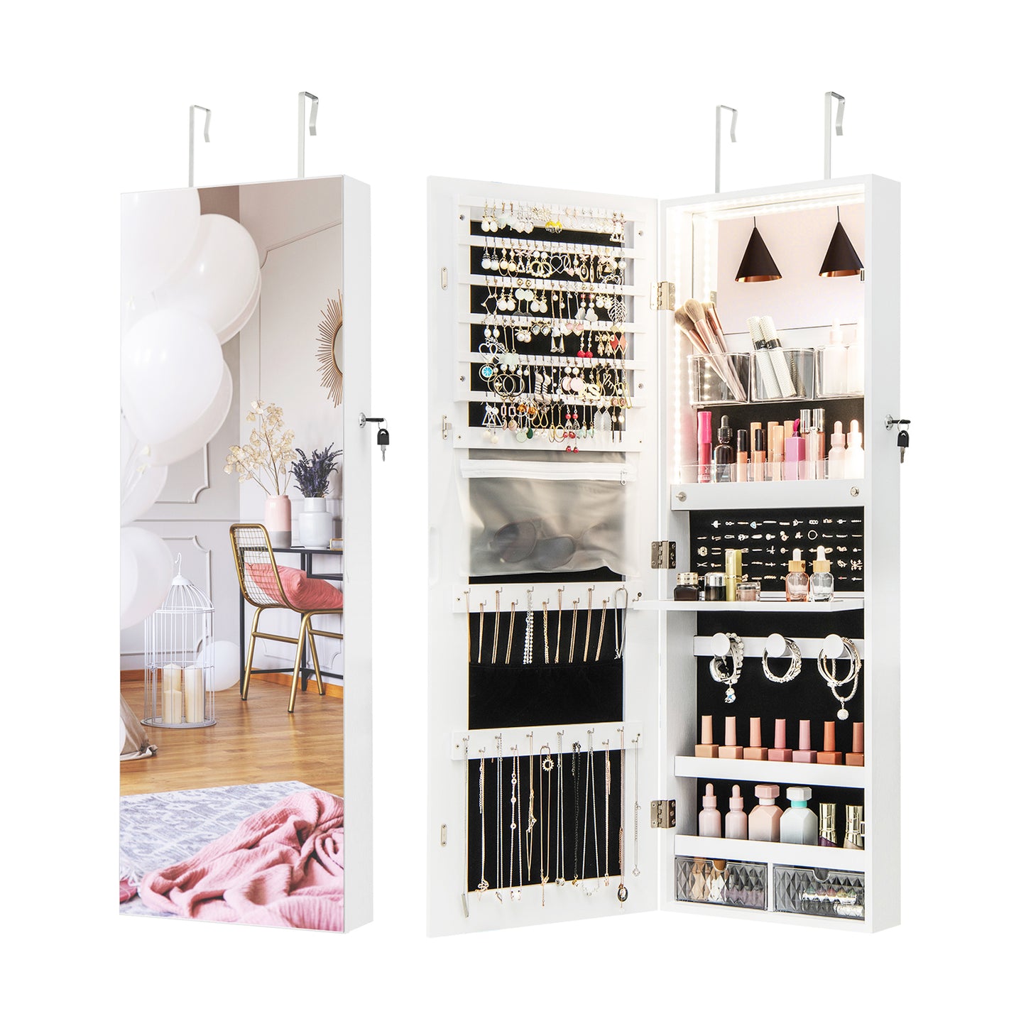 Wall Mounted Jewelry Cabinet with Full-Length Mirror-White Kids Crystal