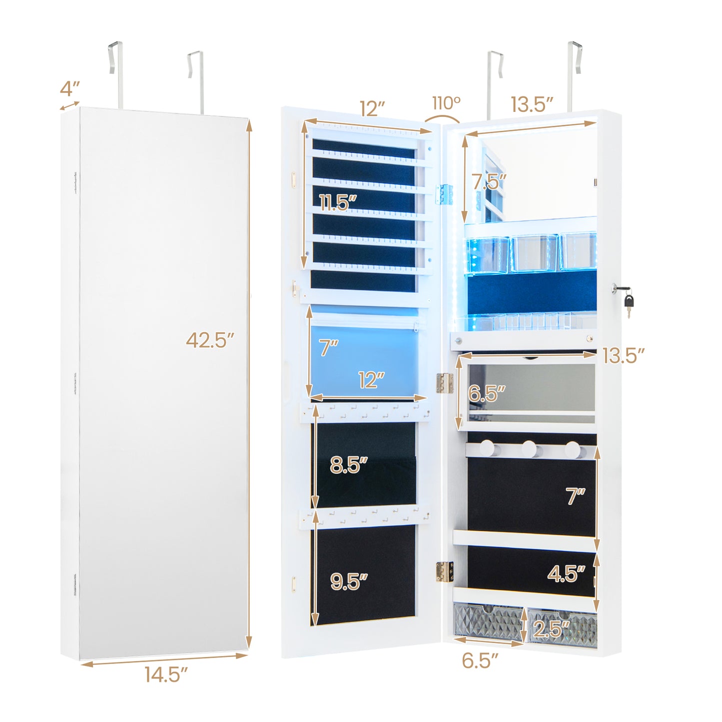 Wall Mounted Jewelry Cabinet with Full-Length Mirror-White Kids Crystal
