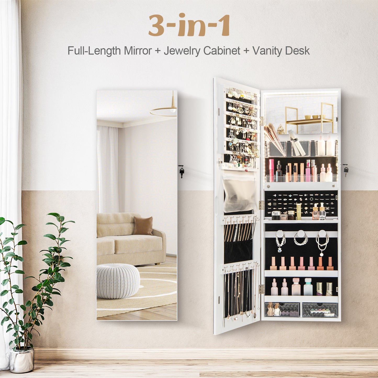 Wall Mounted Jewelry Cabinet with Full-Length Mirror-White Kids Crystal