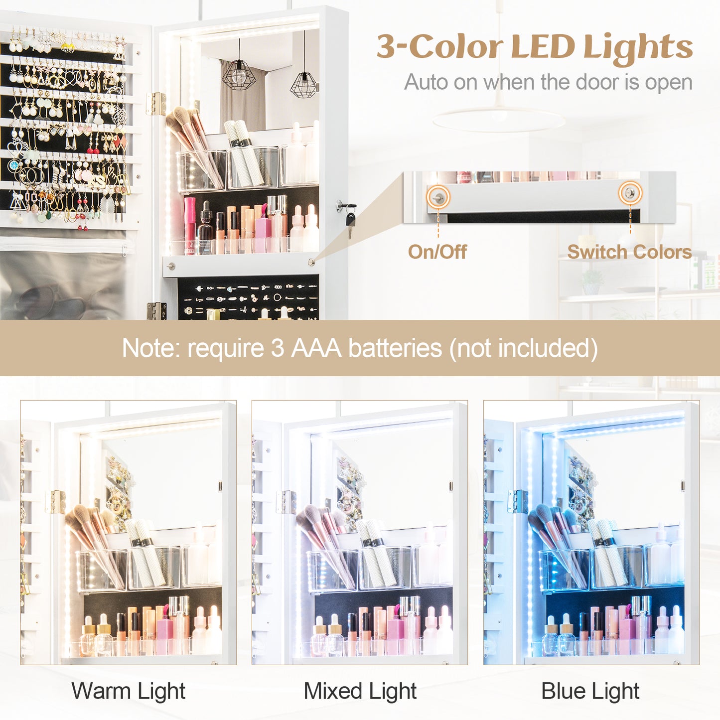 Wall Mounted Jewelry Cabinet with Full-Length Mirror-White Kids Crystal
