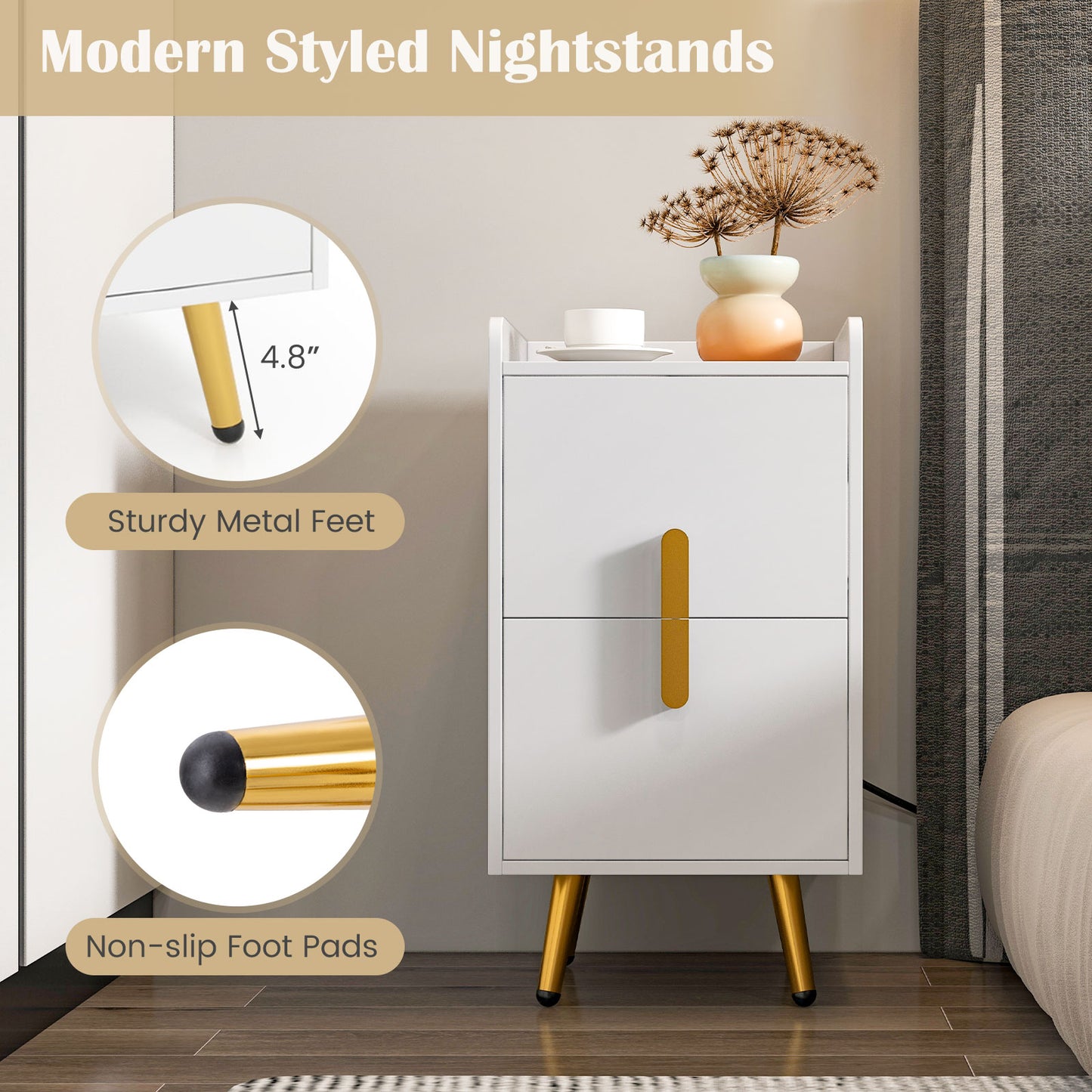 Nightstand Side Tables with 2 Drawers and 2 USB Ports-White Kids Crystal