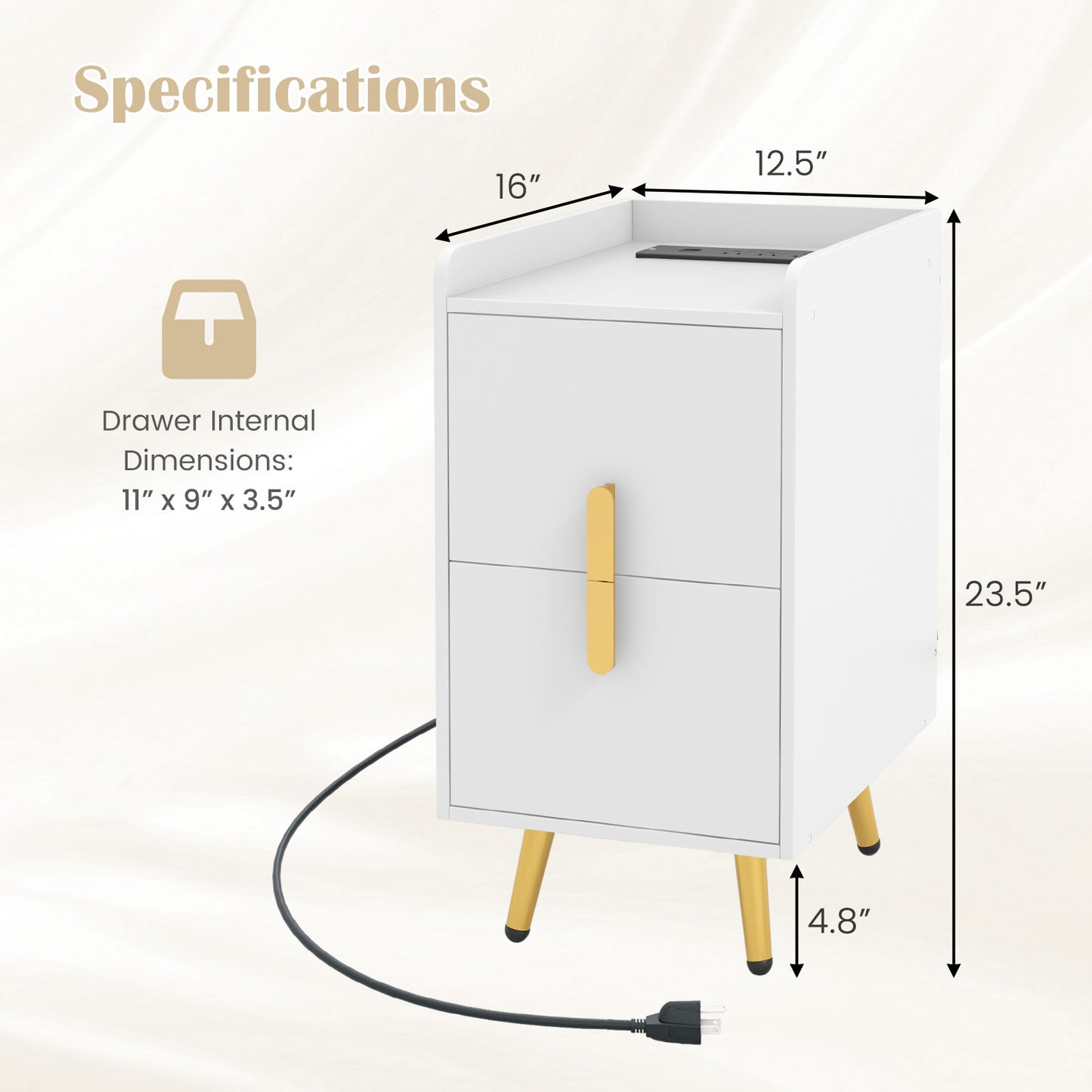 Nightstand Side Tables with 2 Drawers and 2 USB Ports-White Kids Crystal