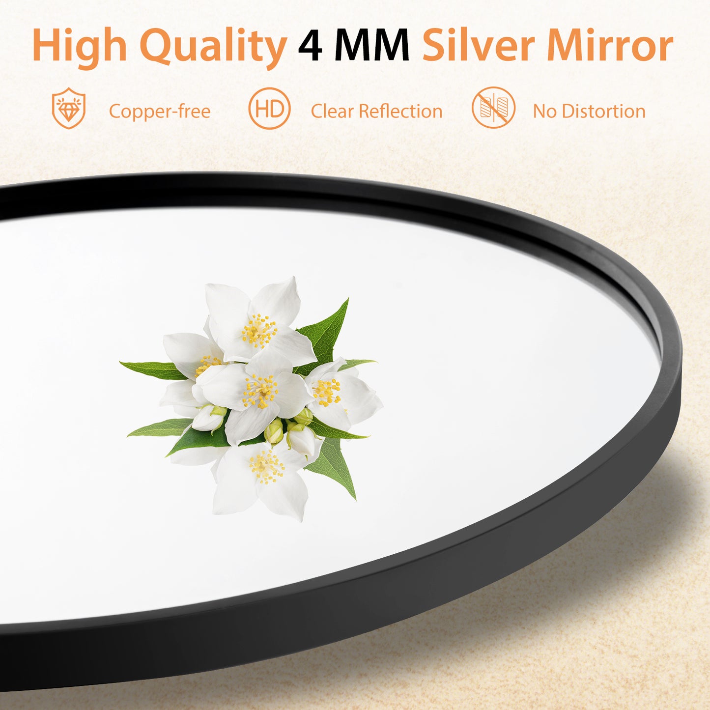 24 Inch Black Circle Bathroom Mirror with Explosion-proof Film Kids Crystal