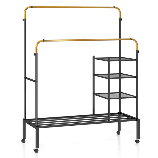 Rolling Double Rods Garment Rack with Height Adjustable Hanging Bars-Golden Kids Crystal