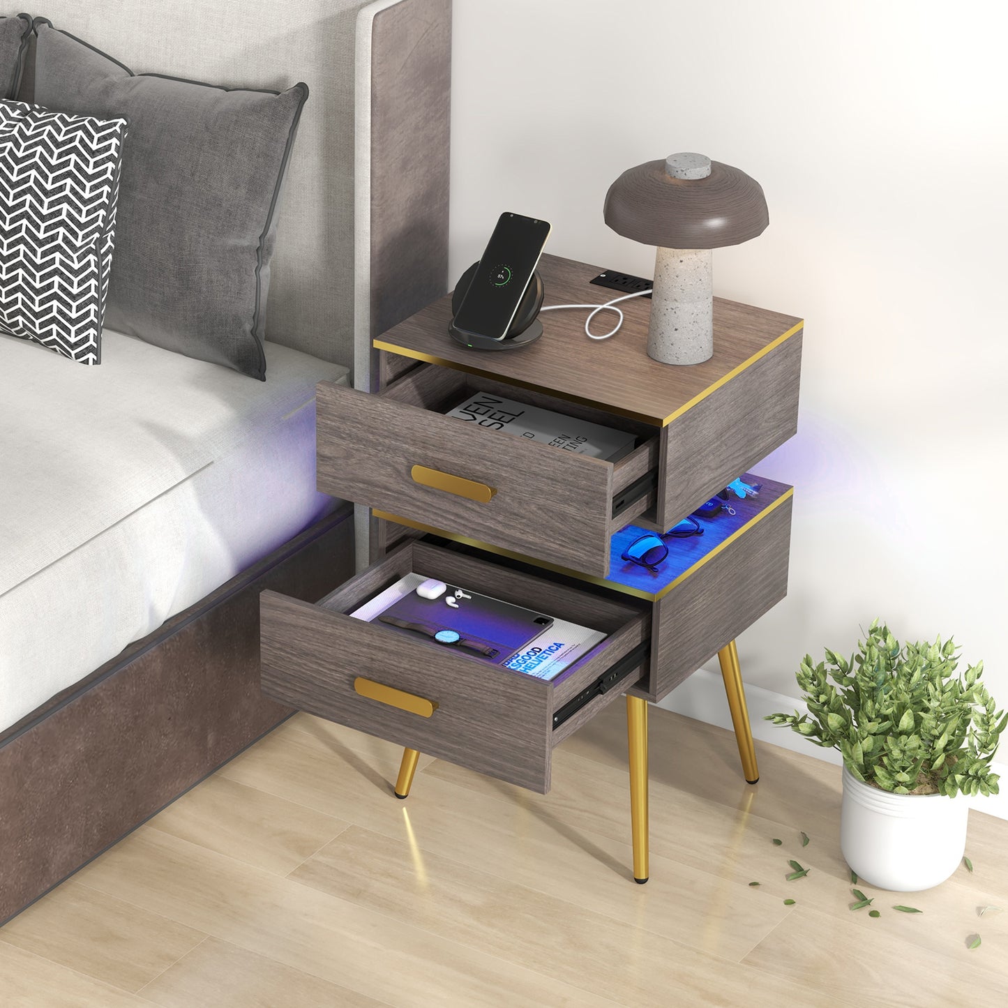 Nightstand Sofa Side Tables with Charging Station and 2 Drawers and LED lights-Gray Kids Crystal