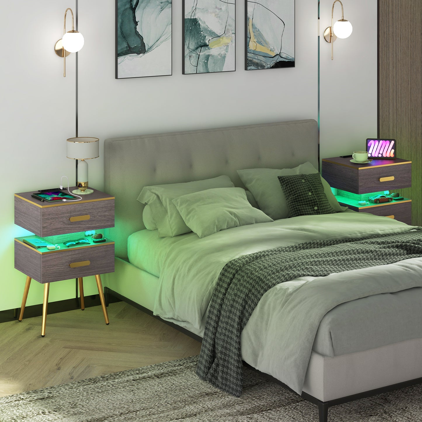 Nightstand Sofa Side Tables with Charging Station and 2 Drawers and LED lights-Gray Kids Crystal