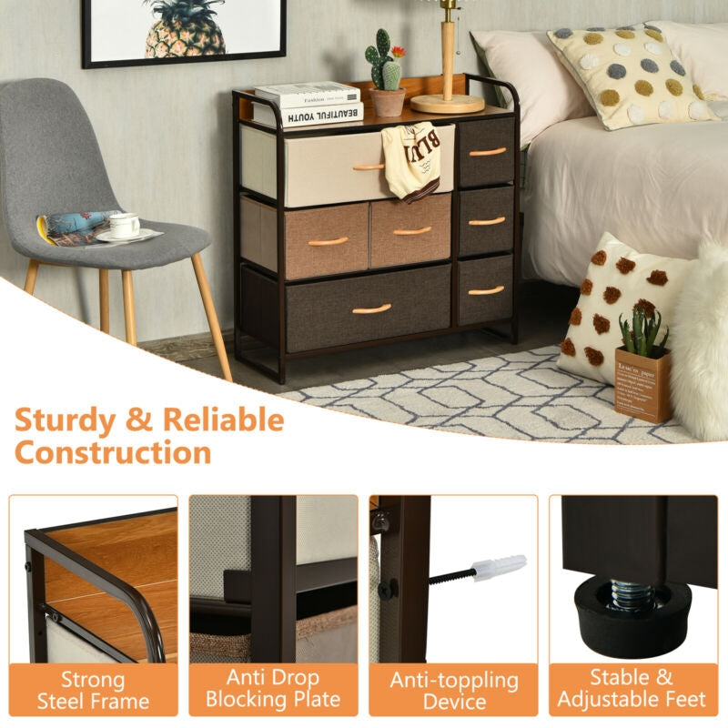 7 Drawer Tower Steel Frame and Wooden Top Dresser Storage Chest for Bedroom Kids Crystal